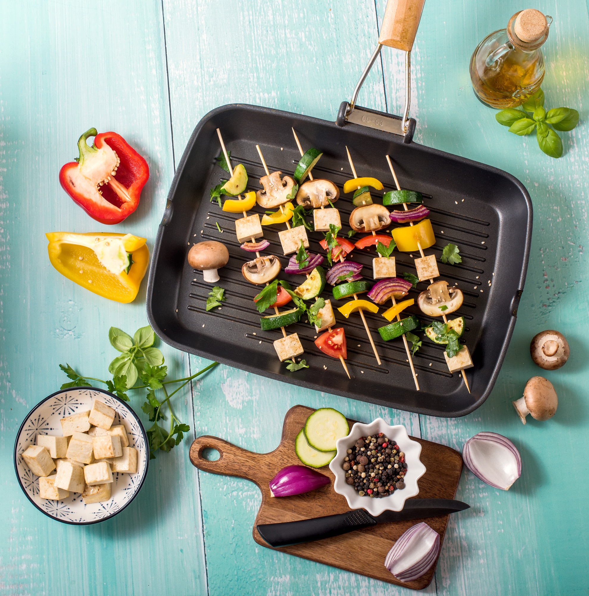 Skewers with Vegetables and Tofu on Grill Frying Pan
